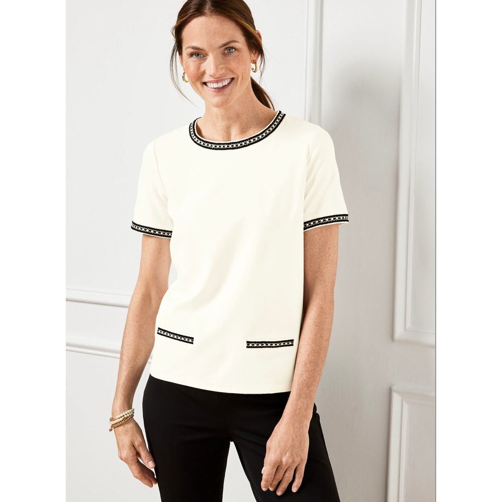 Talbots Womens L White Black Embroidered Trim Crewneck Back Zip Blouse Tee